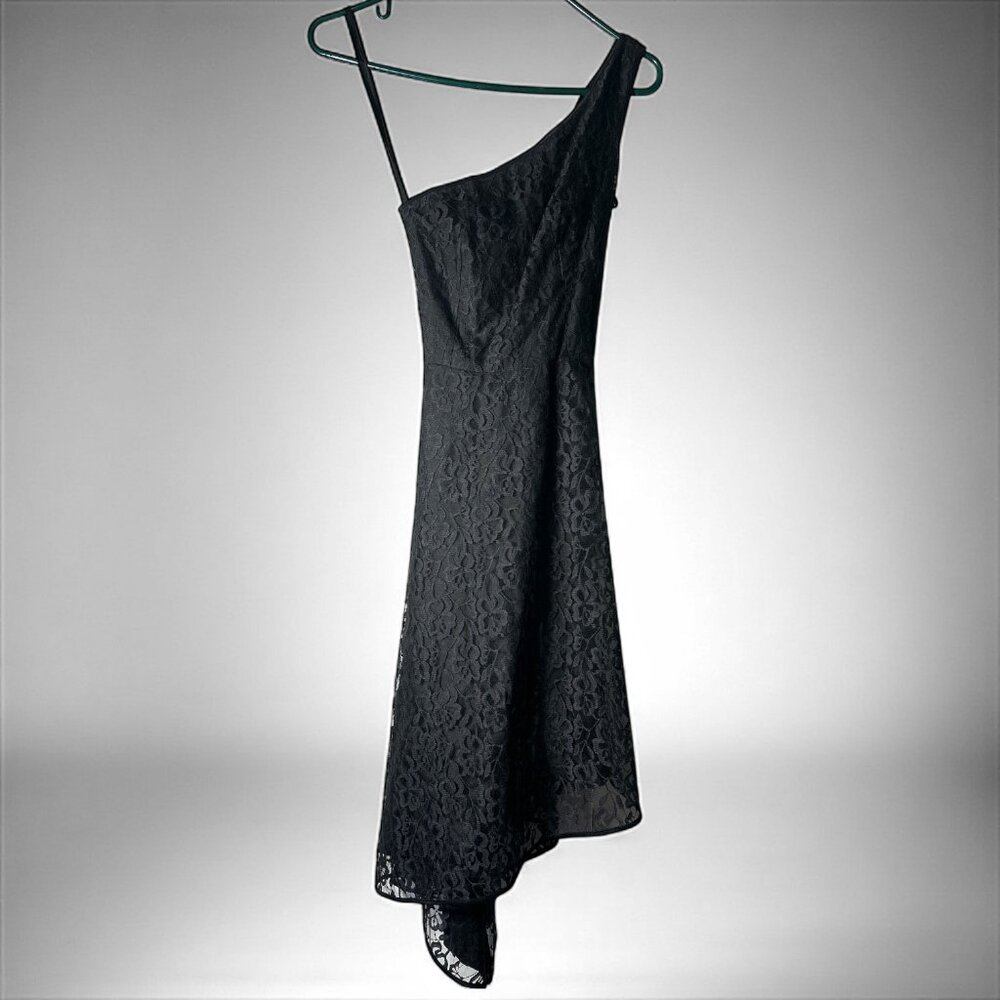 Elegant black lace one-shoulder dress with asymmetrical hemline.